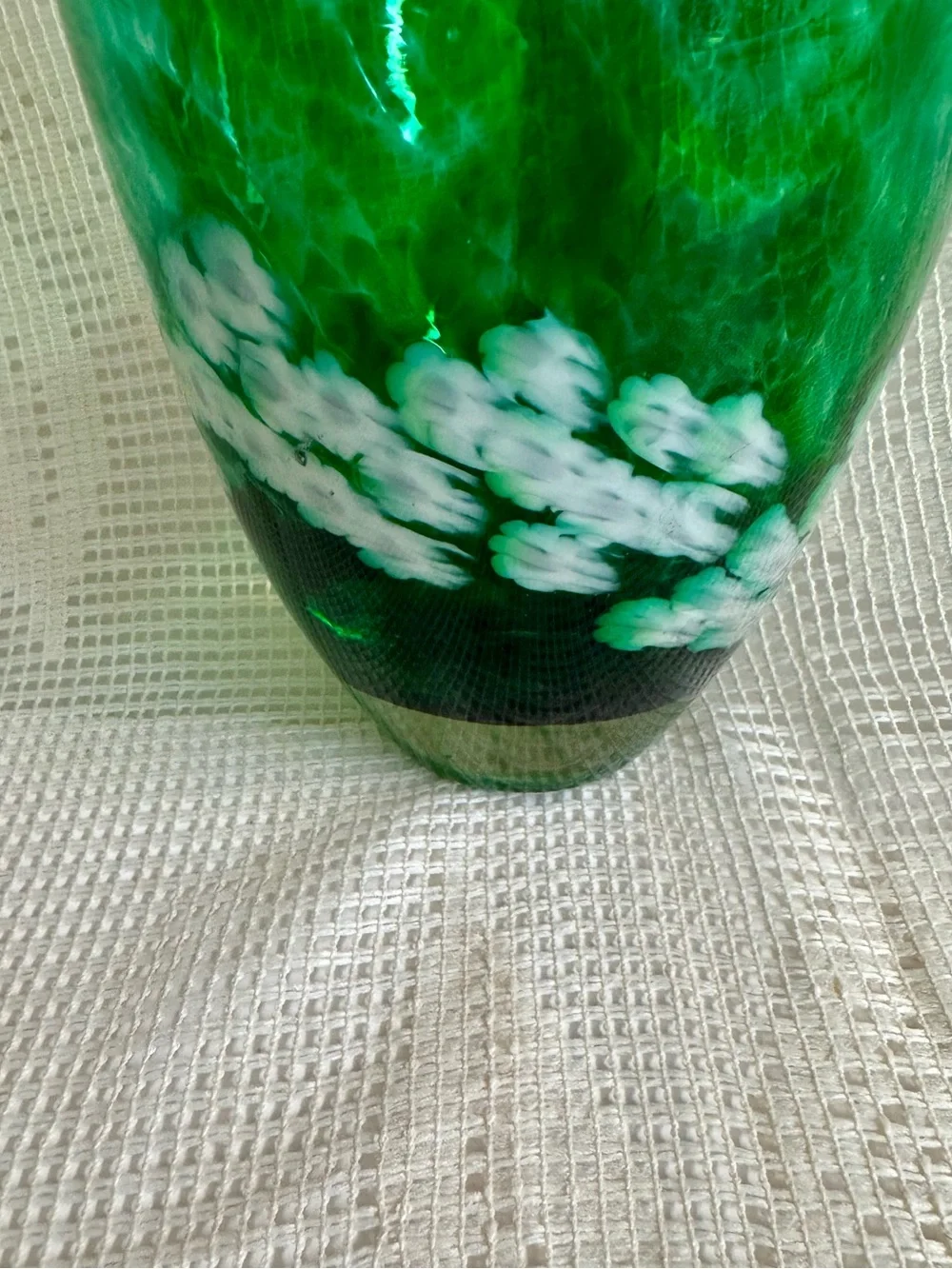 Hand Blown + Signed.Green Swirl Glass Vase with White Flowers.